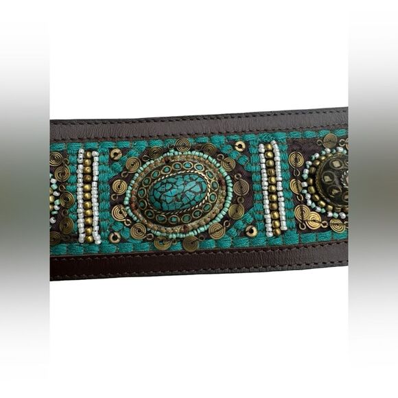 Chicos Caracas Slouch Belt Turquoise Leather Beaded Size Large - Picture 6 of 12